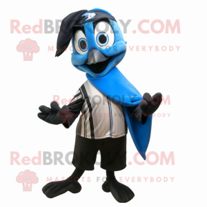 Black Blue Jay mascot costume character dressed with a Tank Top and Scarves