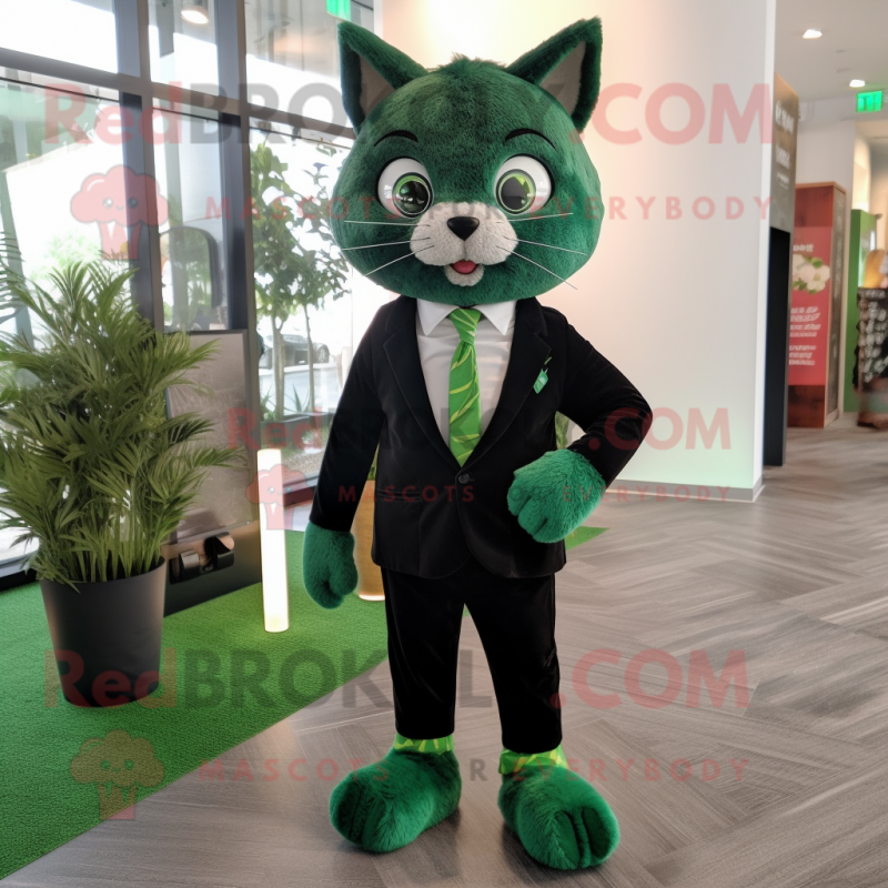 Forest Green Cat mascot costume character dressed with a Dress Pants and Tie pins