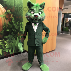 Forest Green Cat mascot costume character dressed with a Dress Pants and Tie pins