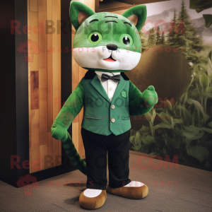 Forest Green Cat mascot costume character dressed with a Dress Pants and Tie pins