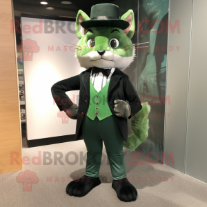 Forest Green Cat mascot costume character dressed with a Dress Pants and Tie pins