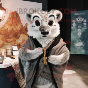 Silver Civet mascot costume character dressed with a Parka and Shawl pins