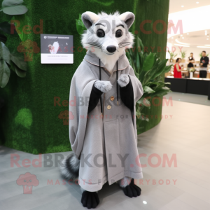 Silver Civet mascot costume character dressed with a Parka and Shawl pins