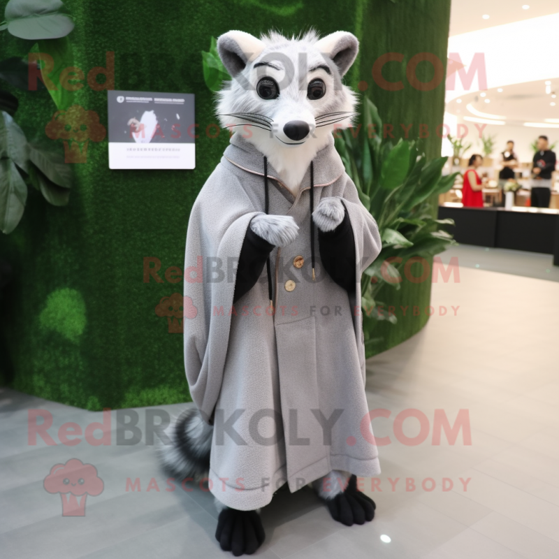 Silver Civet mascot costume character dressed with a Parka and Shawl pins Silver Civet mascot costume character dressed with a Parka and Shawl pins