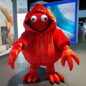 Red Hermit Crab mascot costume character dressed with a Coat and Foot pads