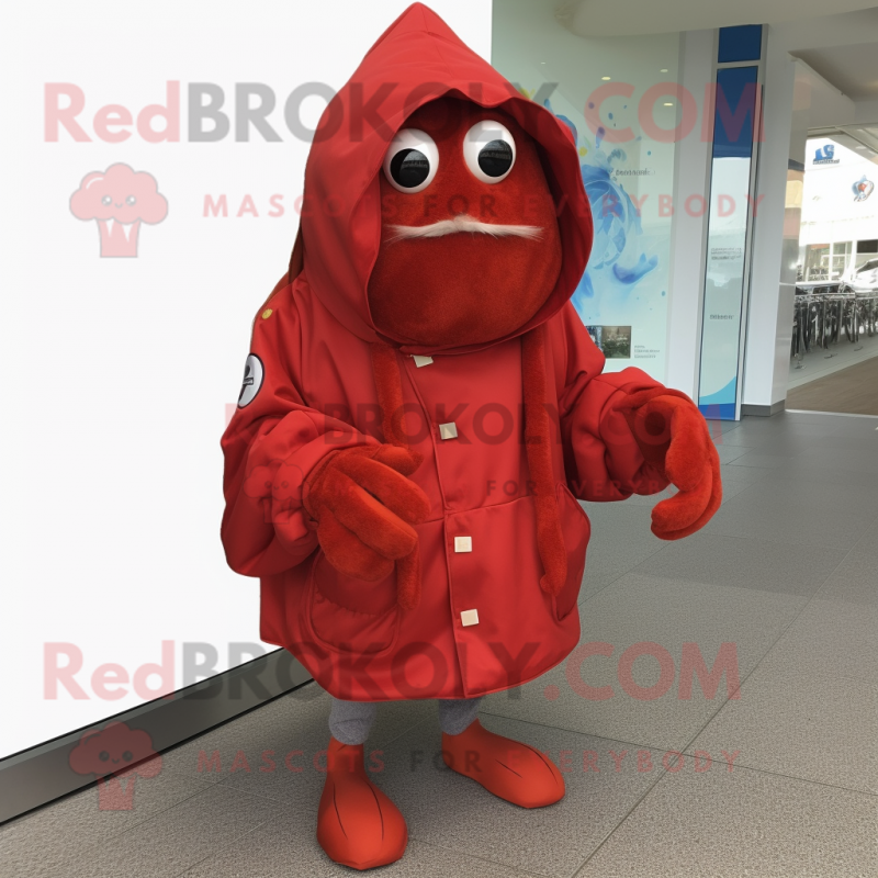 Red Hermit Crab mascot costume character dressed with a Coat and Foot pads