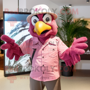 Pink Eagle mascot costume character dressed with a Button-Up Shirt and Hats