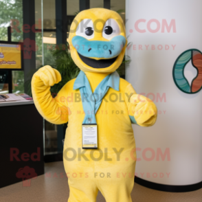 Yellow Python mascot costume character dressed with a Oxford Shirt and Mittens