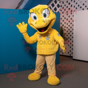Yellow Python mascot costume character dressed with a Oxford Shirt and Mittens