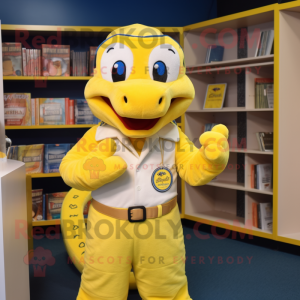 Yellow Python mascot costume character dressed with a Oxford Shirt and Mittens