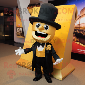 Gold Nachos mascot costume character dressed with a Tuxedo and Hat pins