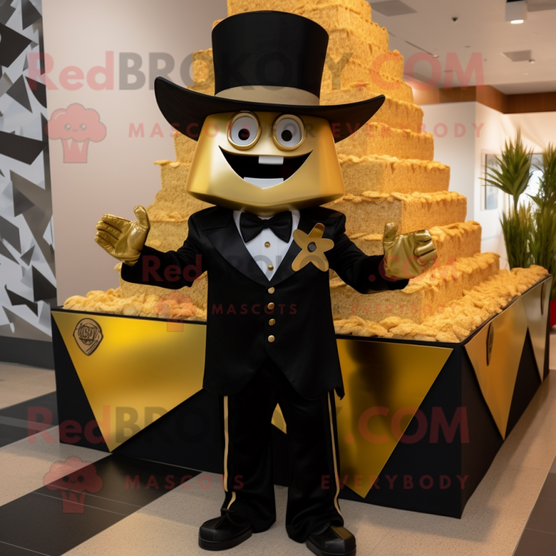 Gold Nachos mascot costume character dressed with a Tuxedo and Hat pins Gold Nachos mascot costume character dressed with a Tuxedo and Hat pins