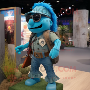 Turquoise Sniper mascot costume character dressed with a Flare Jeans and Suspenders