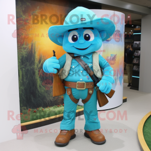 Turquoise Sniper mascot costume character dressed with a Flare Jeans and Suspenders