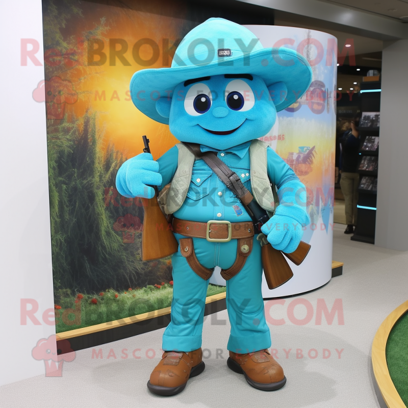 Turquoise Sniper mascot costume character dressed with a Flare Jeans and Suspenders