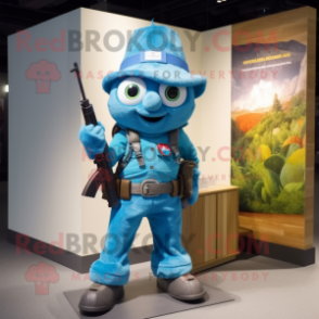 Turquoise Sniper mascot costume character dressed with a Flare Jeans and Suspenders