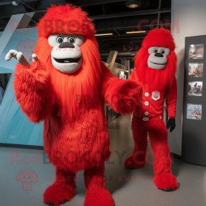 Red Yeti mascot costume character dressed with a Jumpsuit and Berets