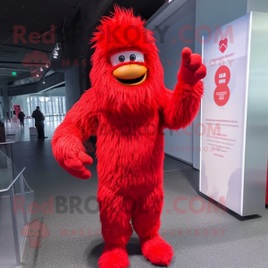 Red Yeti mascot costume character dressed with a Jumpsuit and Berets