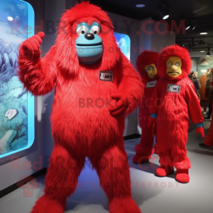 Red Yeti mascot costume character dressed with a Jumpsuit and Berets