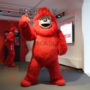 Red Yeti mascot costume character dressed with a Jumpsuit and Berets