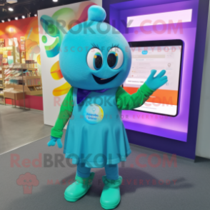 Teal Rainbow mascot costume character dressed with a Sheath Dress and Smartwatches