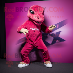 Magenta T Rex mascot costume character dressed with a Joggers and Ties