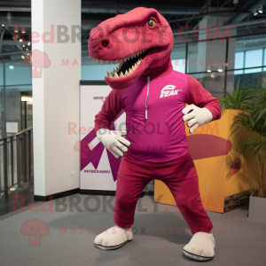 Magenta T Rex mascot costume character dressed with a Joggers and Ties