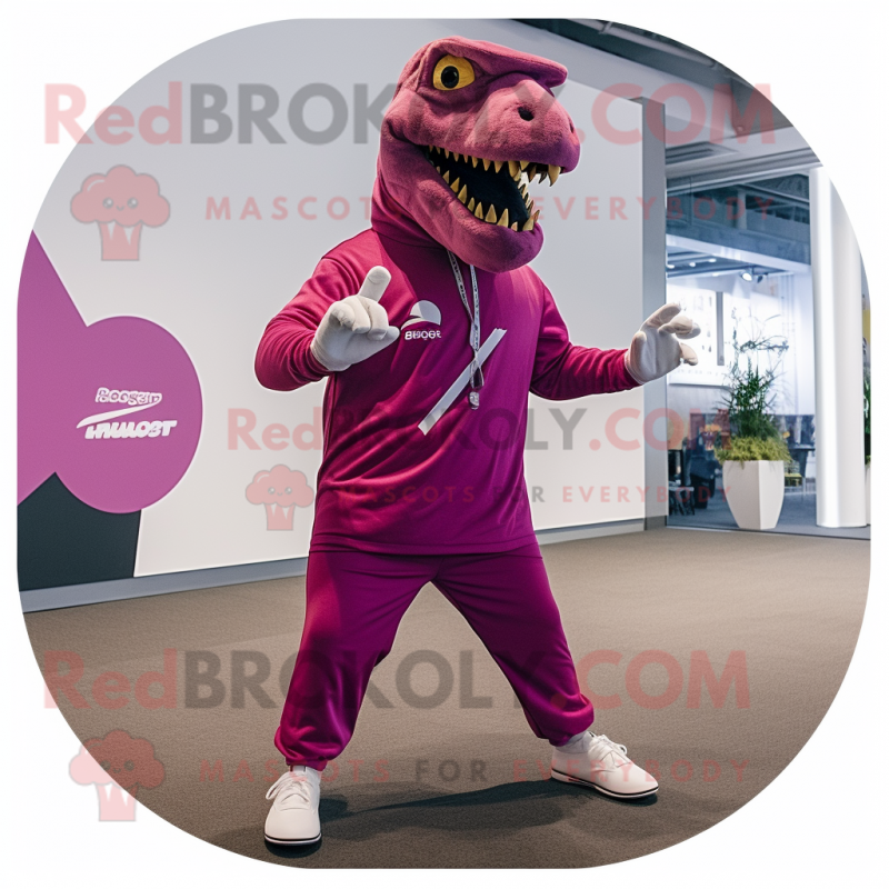Magenta T Rex mascot costume character dressed with a Joggers and Ties Magenta T Rex mascot costume character dressed with a Joggers and Ties