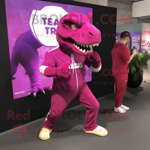 Magenta T Rex mascot costume character dressed with a Joggers and Ties