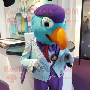 Lavender Parrot mascot costume character dressed with a Waistcoat and Cufflinks
