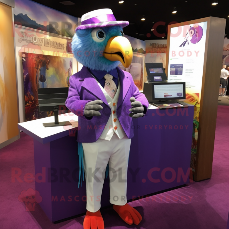 Lavender Parrot mascot costume character dressed with a Waistcoat and Cufflinks