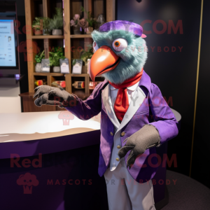 Lavender Parrot mascot costume character dressed with a Waistcoat and Cufflinks