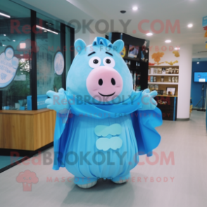 Sky Blue Pig mascot costume character dressed with a Long Sleeve Tee and Shawl pins