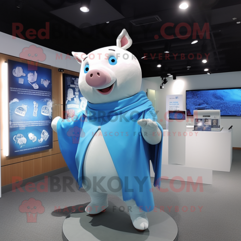 Sky Blue Pig mascot costume character dressed with a Long Sleeve Tee and Shawl pins