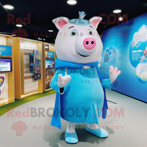 Sky Blue Pig mascot costume character dressed with a Long Sleeve Tee and Shawl pins