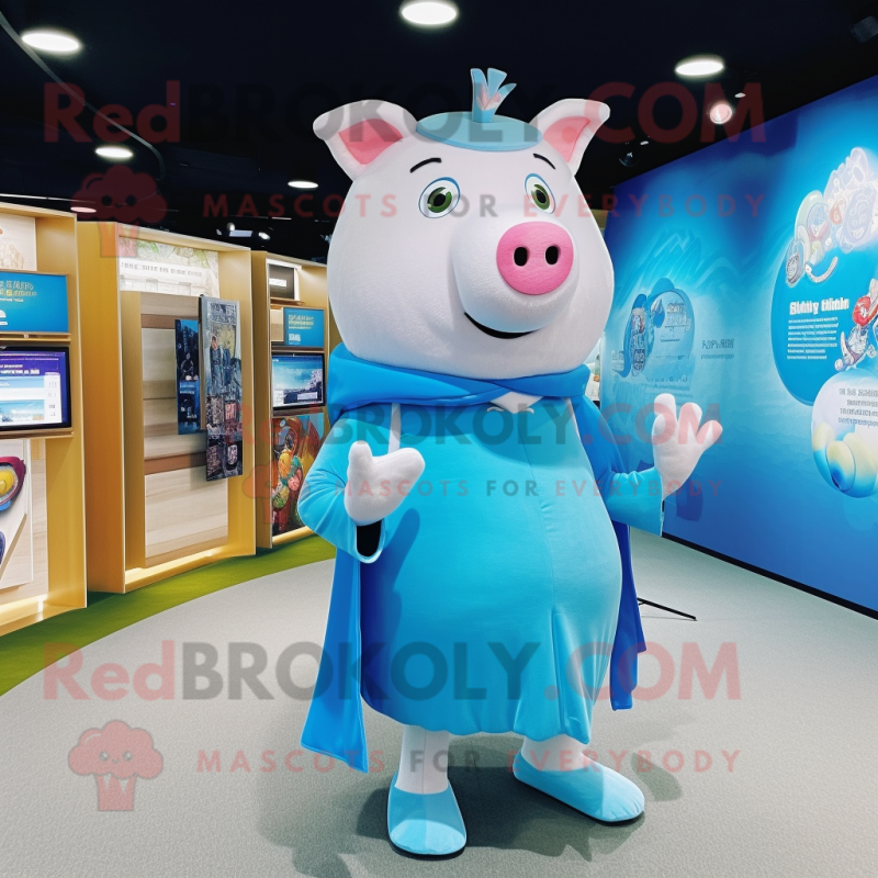 Sky Blue Pig mascot costume character dressed with a Long Sleeve Tee and Shawl pins