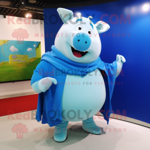 Sky Blue Pig mascot costume character dressed with a Long Sleeve Tee and Shawl pins