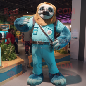 Teal Giant Sloth mascot costume character dressed with a Skinny Jeans and Belts