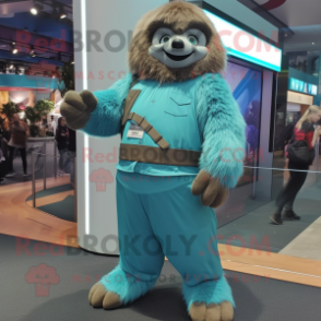 Teal Giant Sloth mascot costume character dressed with a Skinny Jeans and Belts