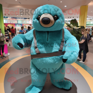 Teal Giant Sloth mascot costume character dressed with a Skinny Jeans and Belts