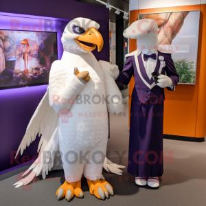 Purple Haast'S Eagle mascot costume character dressed with a Wedding Dress and Smartwatches
