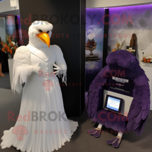 Purple Haast'S Eagle mascot costume character dressed with a Wedding Dress and Smartwatches