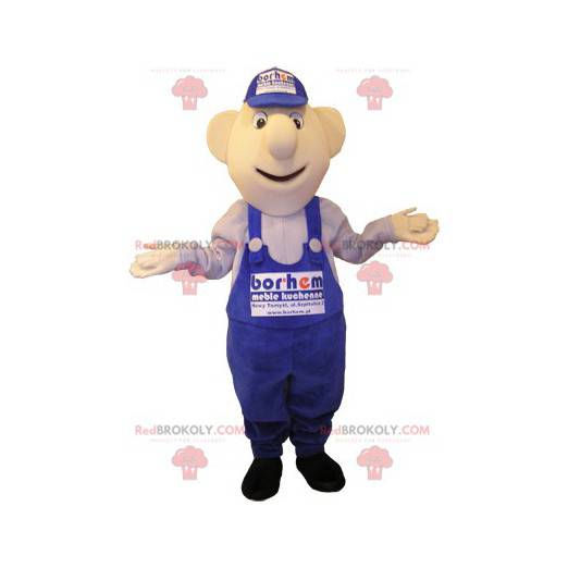 Sneeuwpop mascotte in blauwe overall en pet - Redbrokoly.com