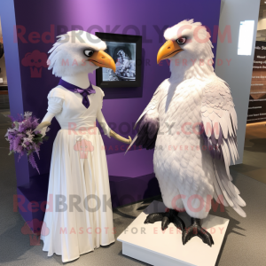 Purple Haast'S Eagle mascot costume character dressed with a Wedding Dress and Smartwatches