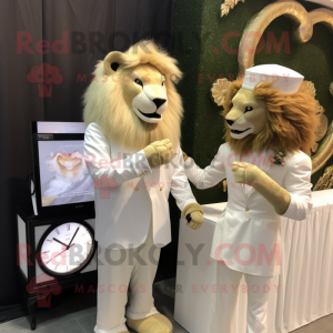 Cream Tamer Lion mascot costume character dressed with a Wedding Dress and Smartwatches