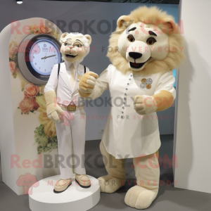 Cream Tamer Lion mascot costume character dressed with a Wedding Dress and Smartwatches