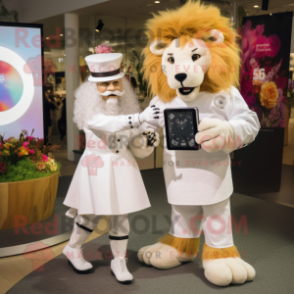 Cream Tamer Lion mascot costume character dressed with a Wedding Dress and Smartwatches