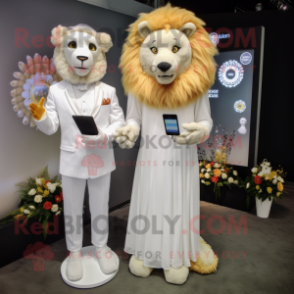 Cream Tamer Lion mascot costume character dressed with a Wedding Dress and Smartwatches