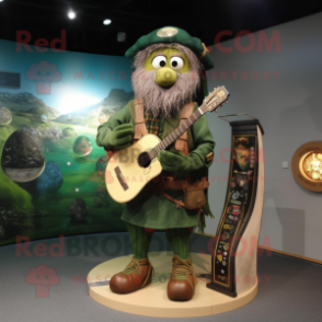 Olive Celtic Harp mascot costume character dressed with a Dungarees and Bracelet watches