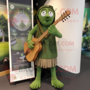Olive Celtic Harp mascot costume character dressed with a Dungarees and Bracelet watches